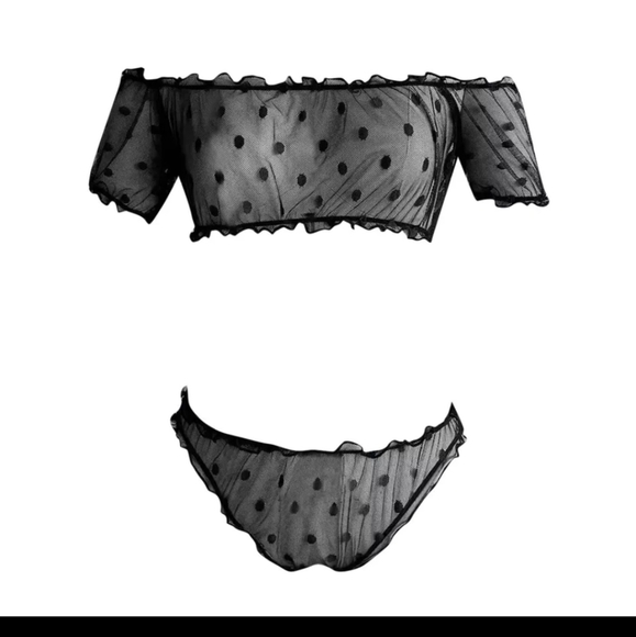 Dot Mesh Two Piece Off Shoulder Lingerie Set Bra Panties Bralette Set - Picture 1 of 5